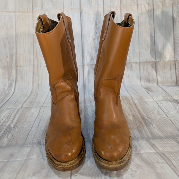 Vintage Tan Leather Safety Toe Pull-On Cowboy Boots with Vibram Soles - Picture 1 of 13
